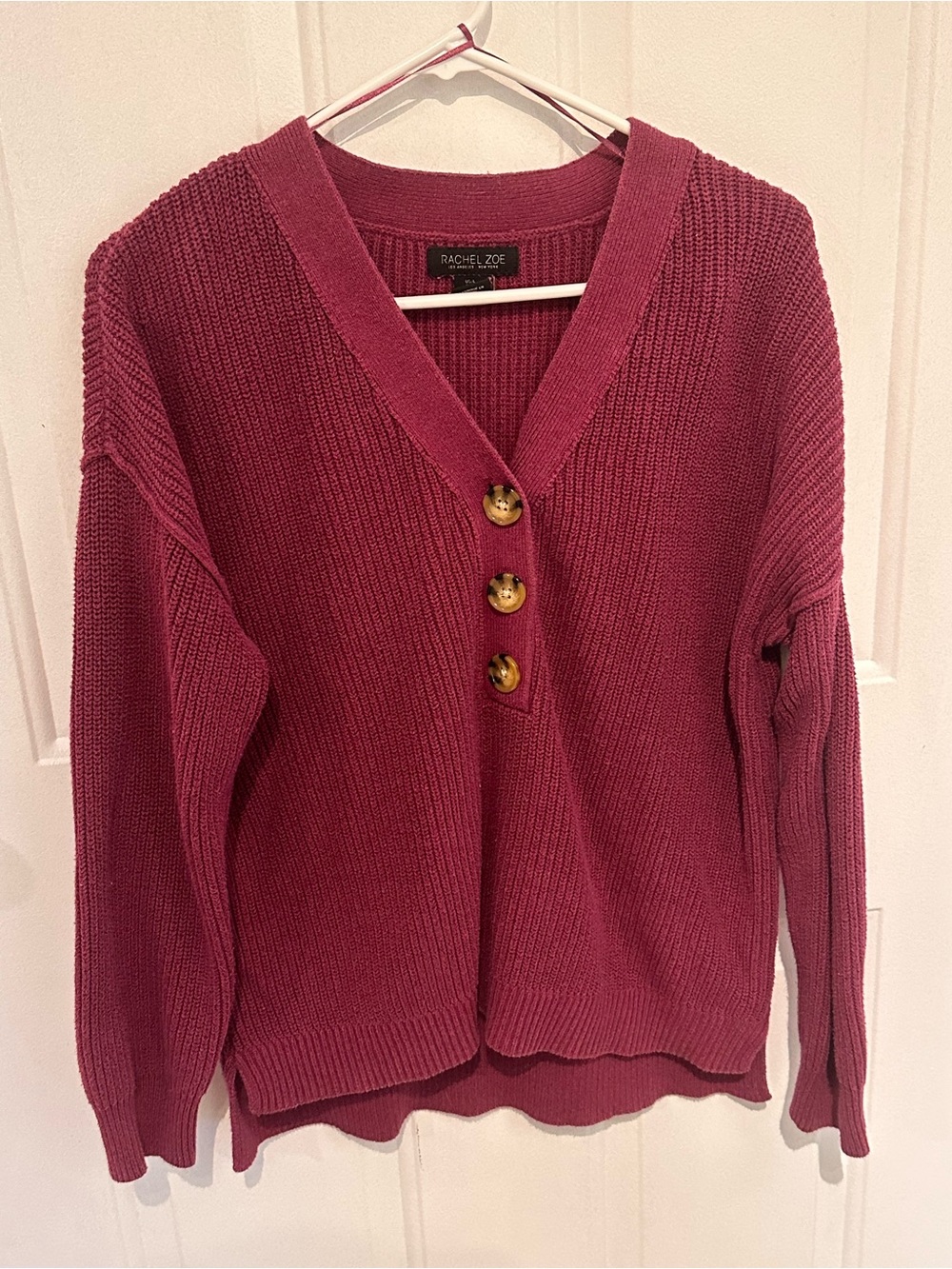 Rachel Zoe Deep Rose V-Neck Button Front Sweater. Size L